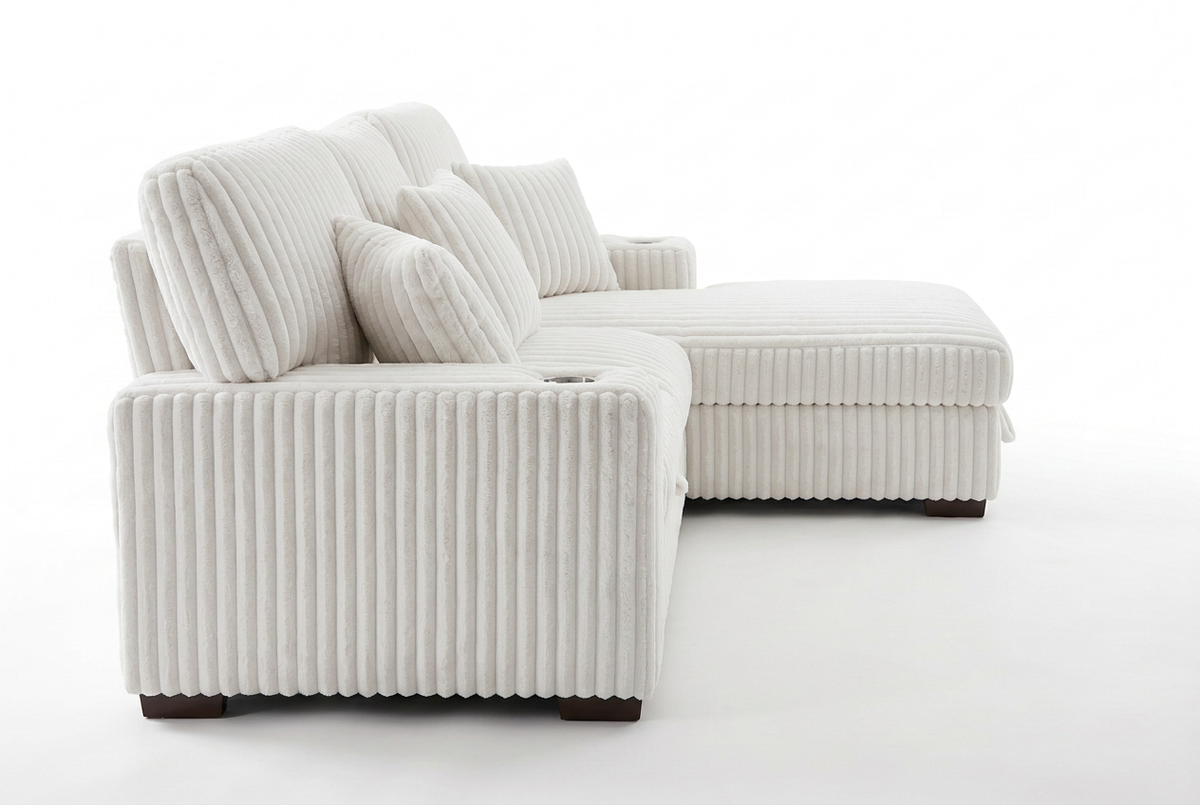 Ivory corduroy storage sleeper sectional sofa with chaise and layered back cushions