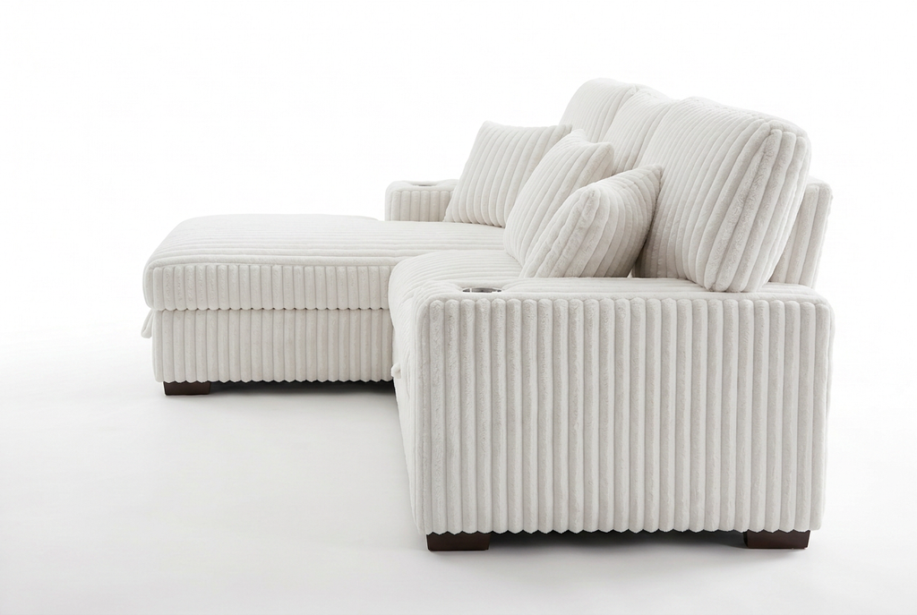 Ivory corduroy storage sleeper sectional sofa with chaise and stacked back pillows