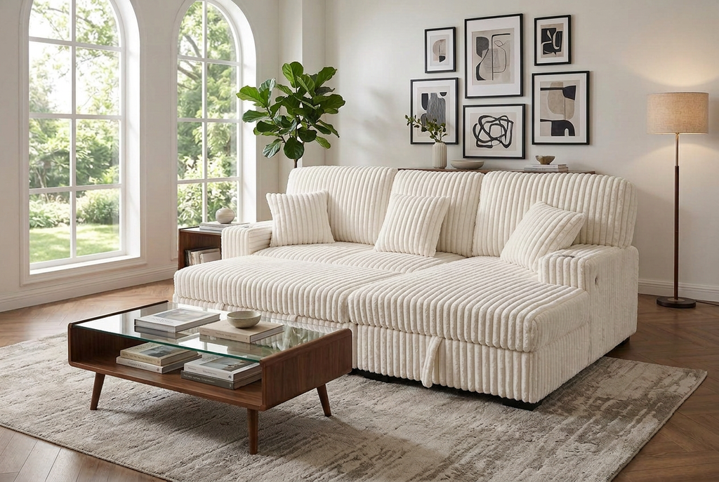 Ivory corduroy sectional sleeper sofa with rounded arms and multiple back cushions