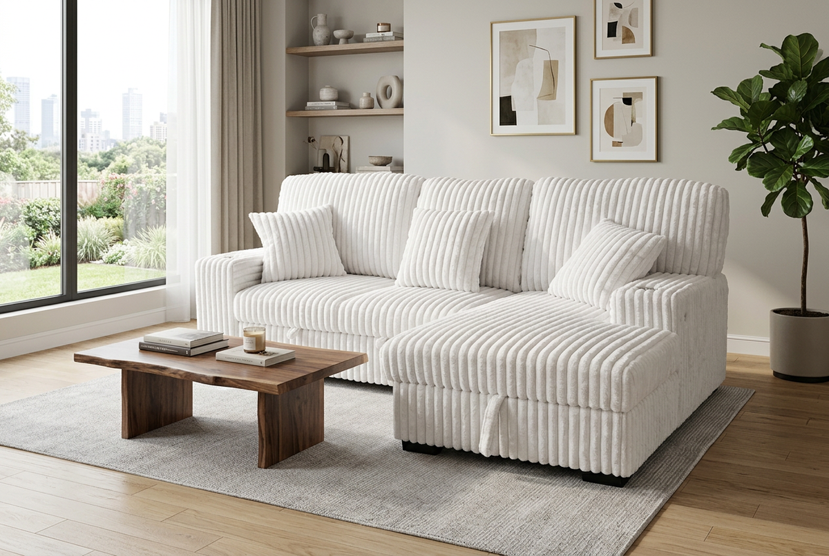 Ivory corduroy sectional sleeper sofa with chaise and layered back cushions