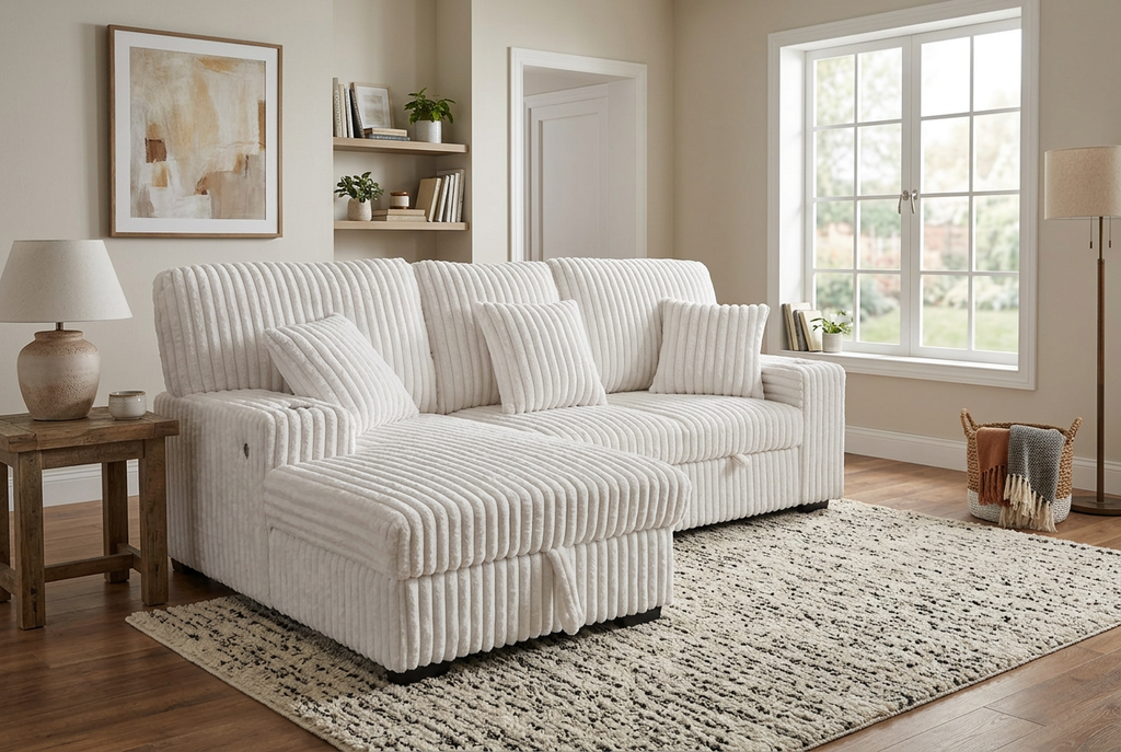Ivory corduroy sectional sleeper sofa with striped upholstery and multiple back cushions