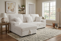 Ivory corduroy sectional sleeper sofa with striped upholstery and multiple back cushions