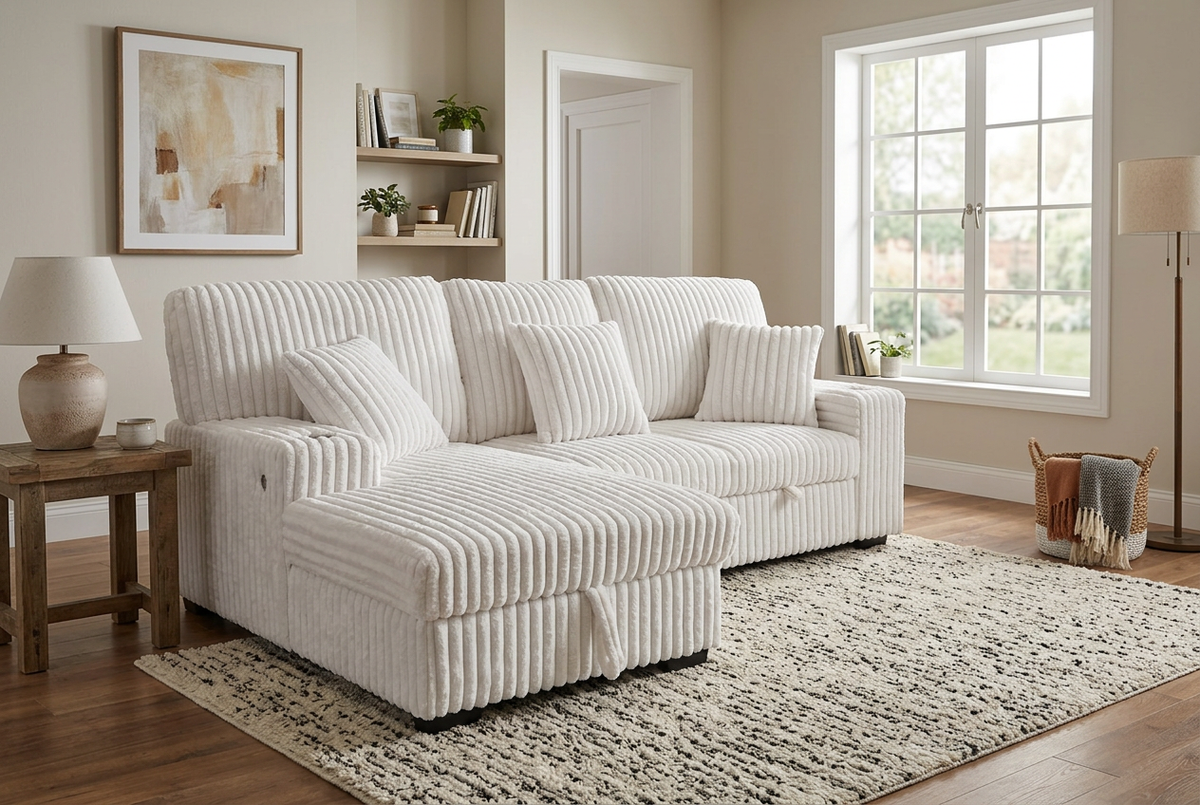 Ivory corduroy sectional sleeper sofa with striped upholstery and multiple back cushions