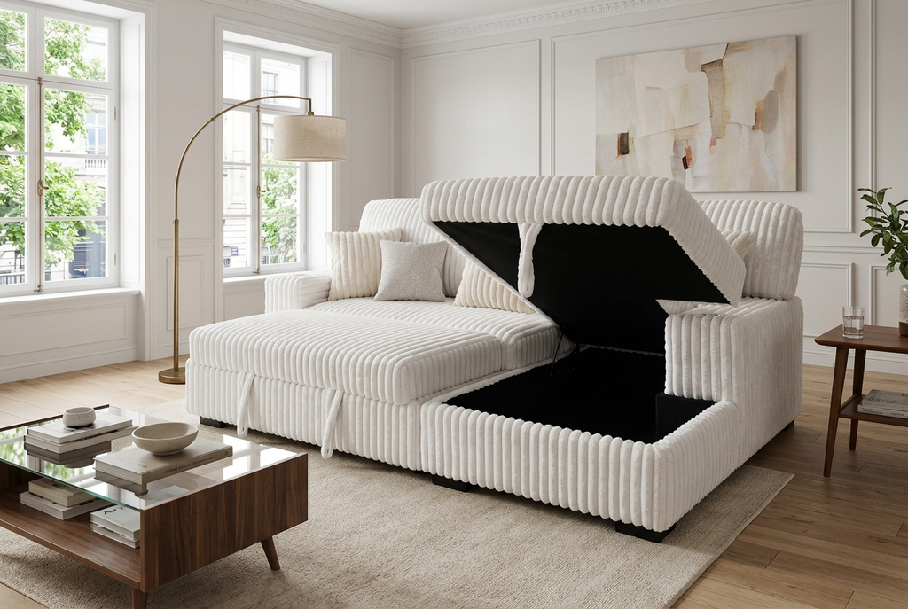 Ivory corduroy sectional sleeper with chaise, open storage bed and black insert panel