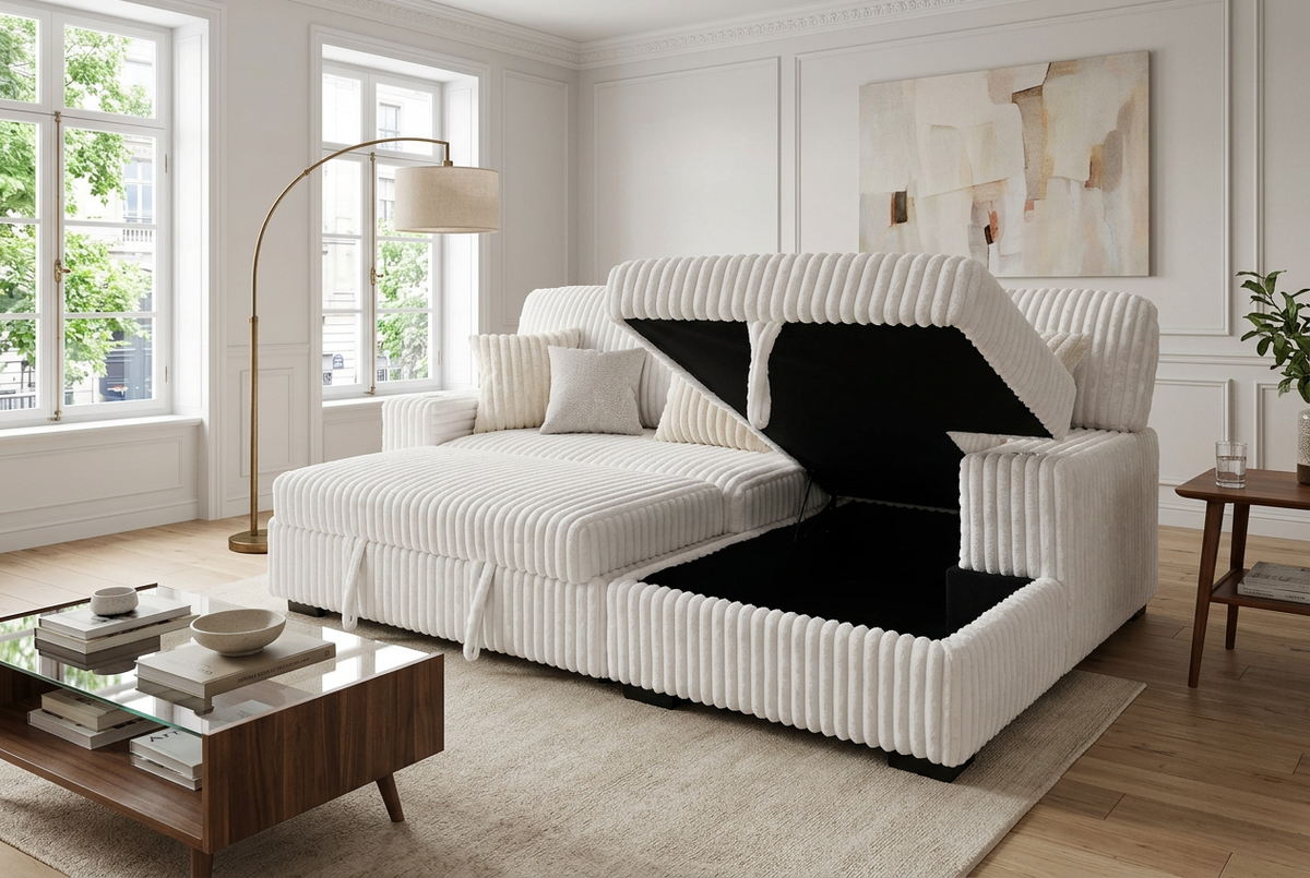 Ivory corduroy sectional sleeper with chaise, open storage bed and black insert panel