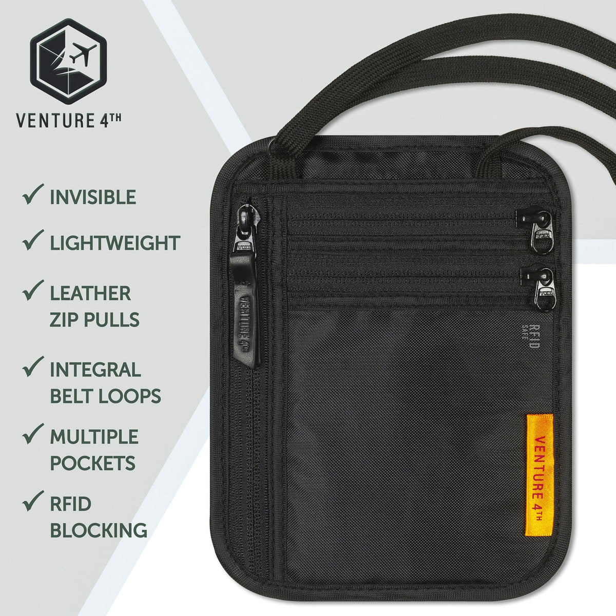 Black slim travel neck wallet with front zip pockets and adjustable strap.