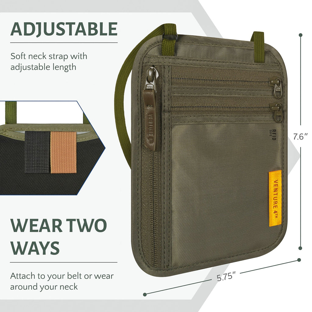 Green slim neck wallet with adjustable strap and front zip compartments