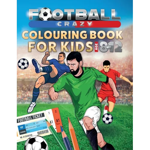 Football-themed kids colouring book, paperback cover with soccer players and balls