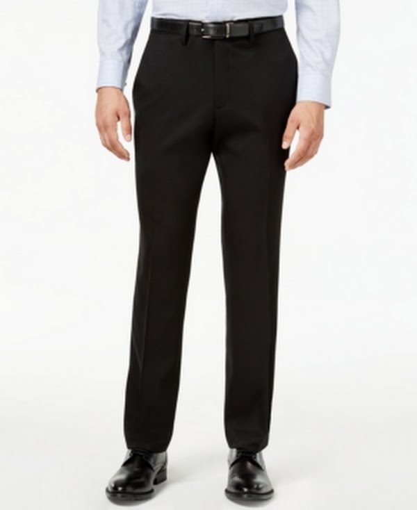 Men's black stretch slim-fit dress pants, front view with belt and straight legs