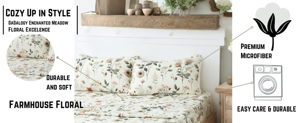 Premium microfiber sheet set display with cream floral botanical print and feature icons