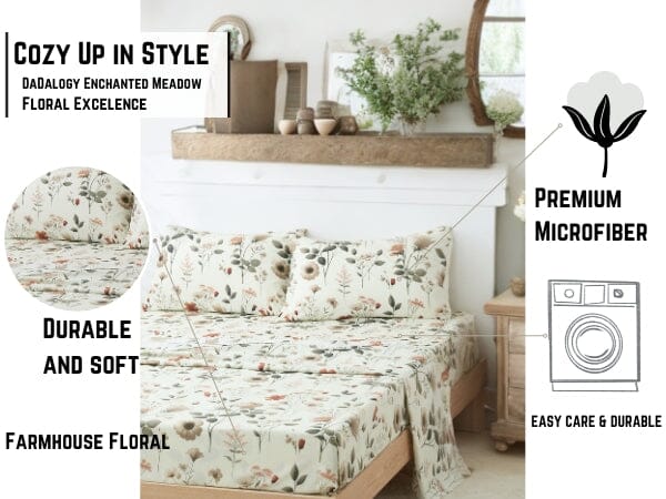 Floral microfiber sheet set promotional view with pillowcases and fitted sheet, botanical print