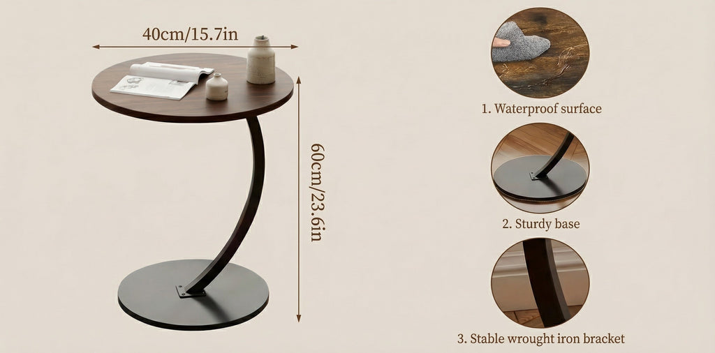 Walnut round side table with black metal C-shaped base