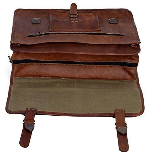 Brown leather briefcase interior showing olive lining and top zip pocket
