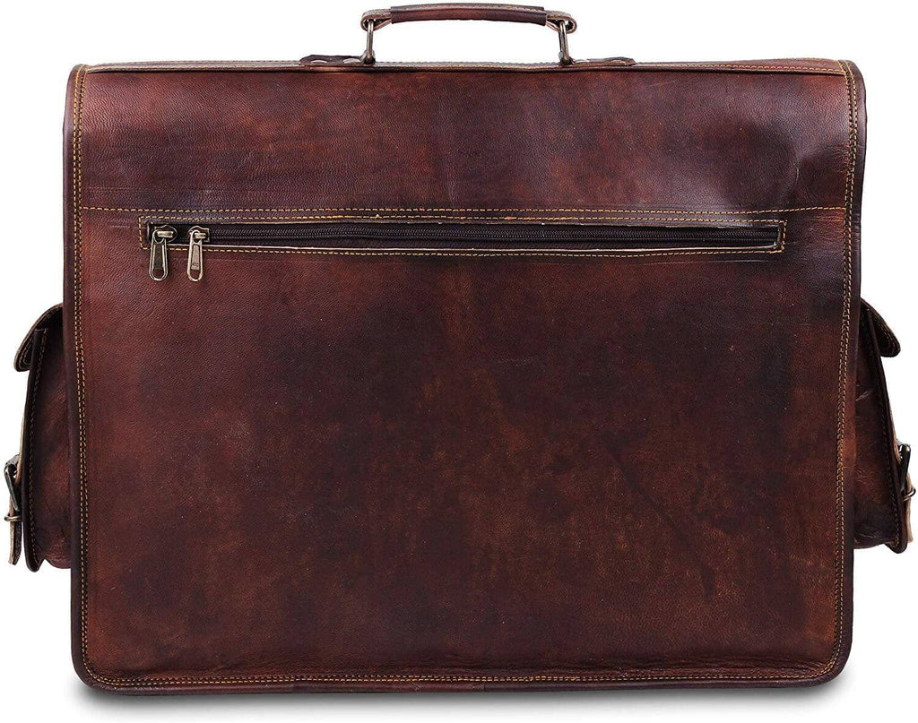 Brown leather briefcase back view with top handle and long front zipper pocket