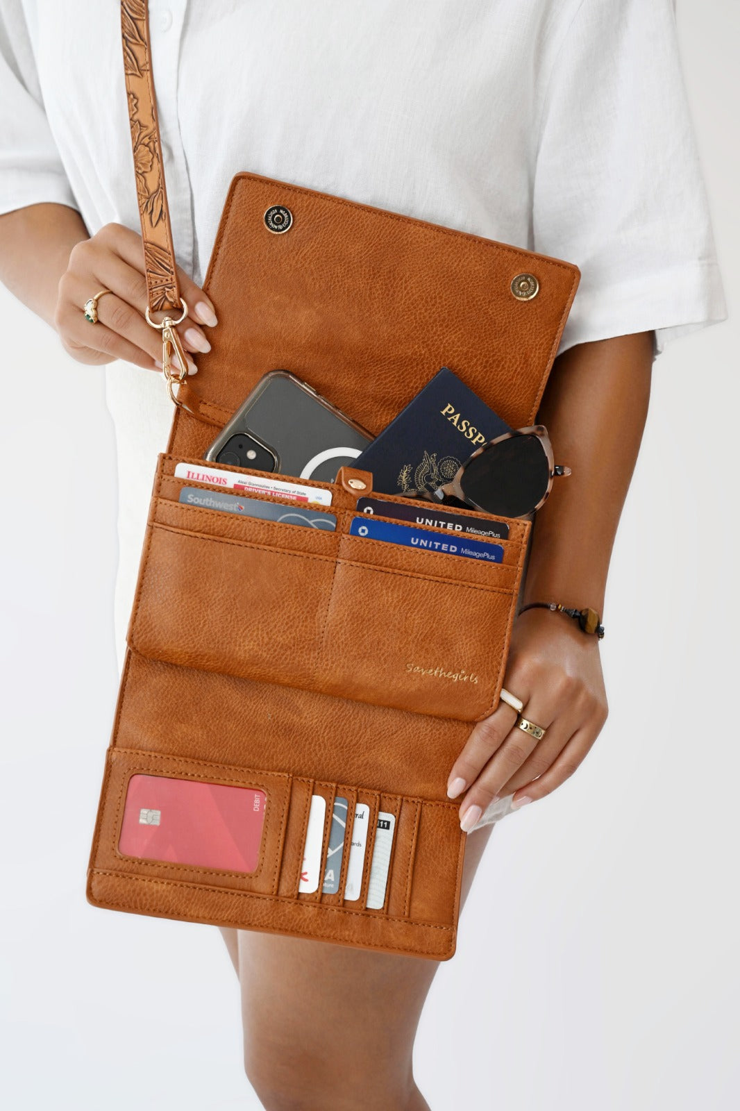 Rust RFID wallet organizer with card slots and clear ID window