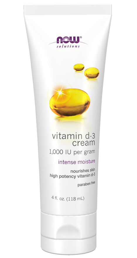 Vitamin D3 cream tube with NOW Solutions logo, yellow drops, 1000 IU per gram