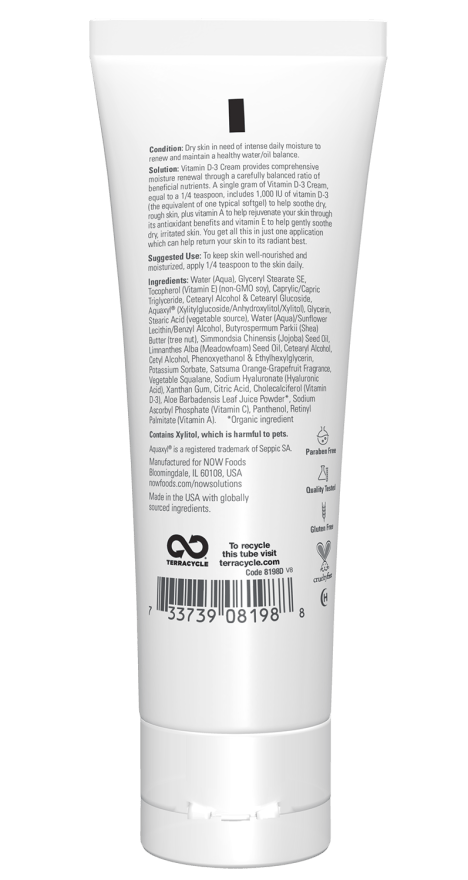 Vitamin D3 cream tube, back panel with directions and ingredient list