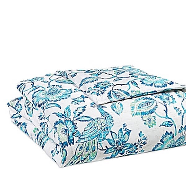Cotton duvet cover, folded, white with teal-blue botanical and bird pattern