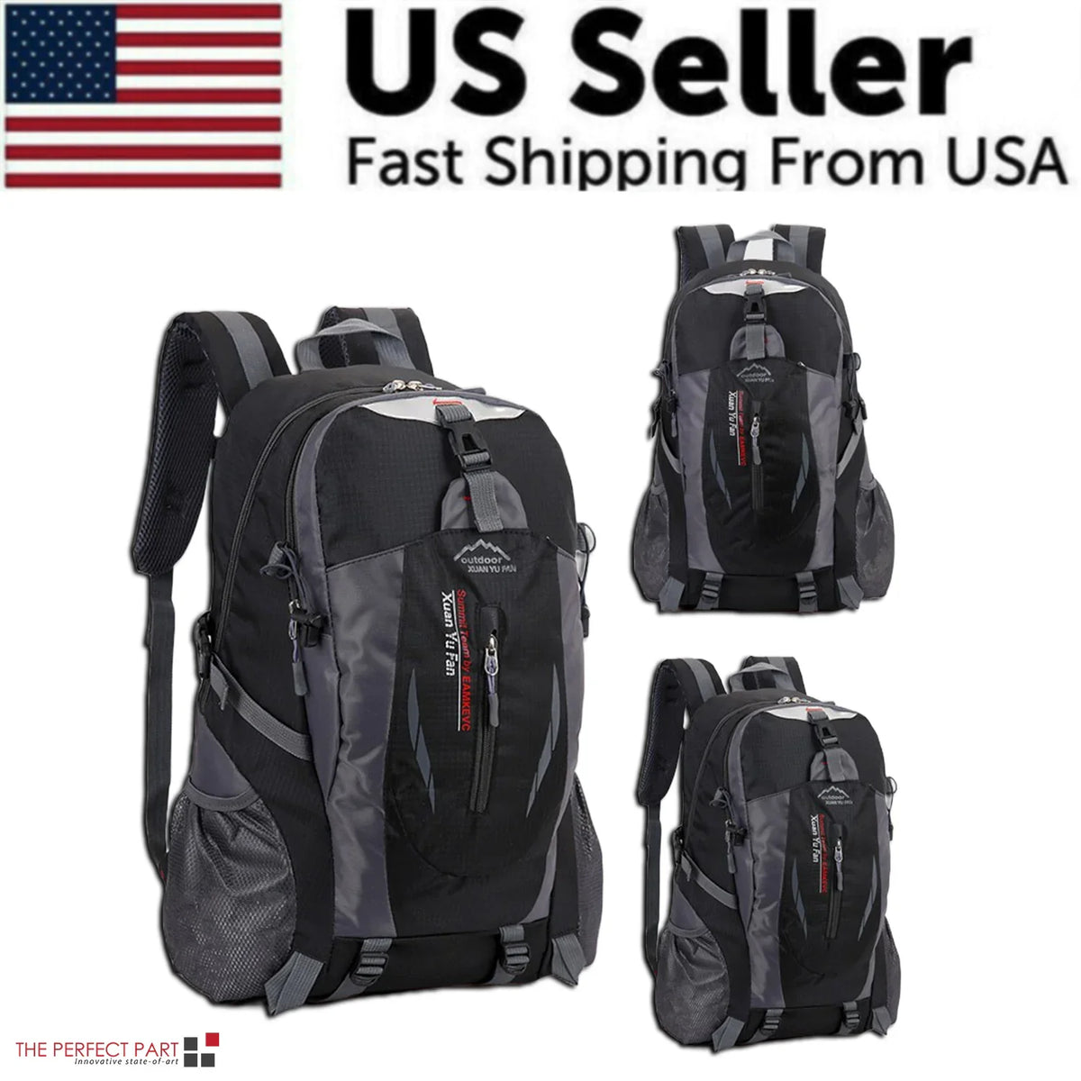 Black travel backpack with gray panels, front zipper, padded shoulder straps, side mesh pockets