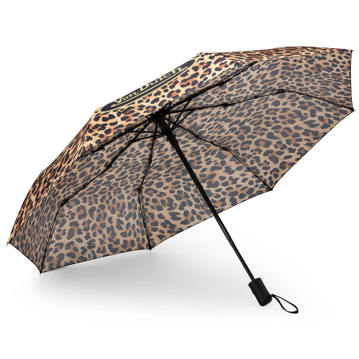 Open compact automatic umbrella with leopard-print canopy and Von Dutch logo, black tip