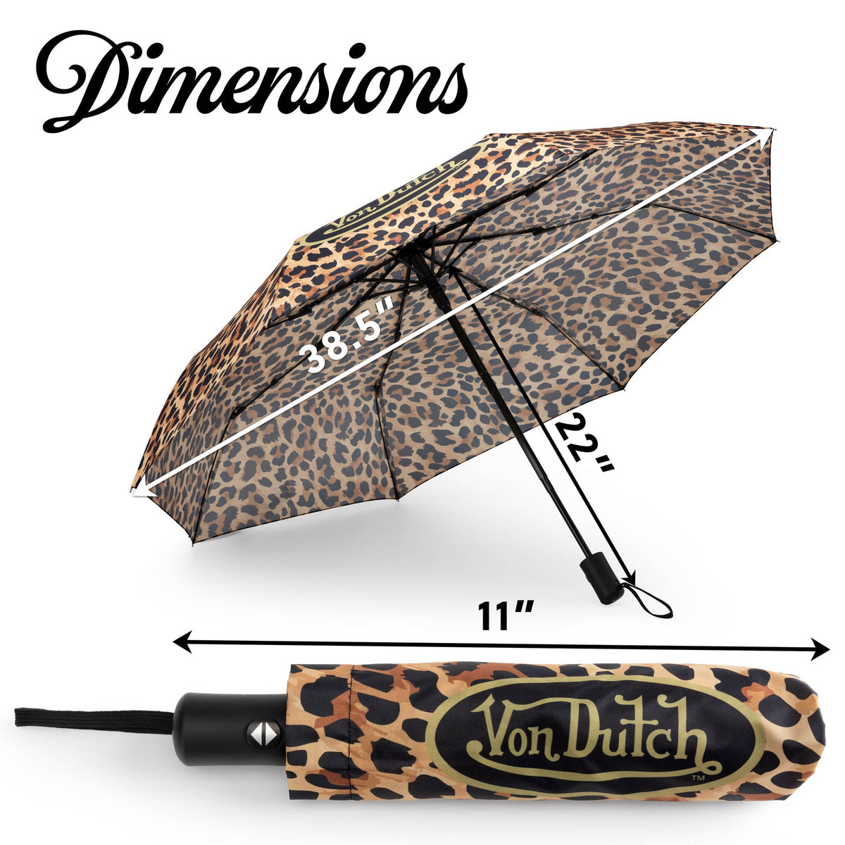 Leopard-print compact automatic umbrella with black strap and handle, size markings shown