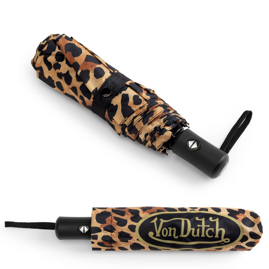 Folded compact umbrella in leopard print sleeve, Von Dutch logo, black pull strap