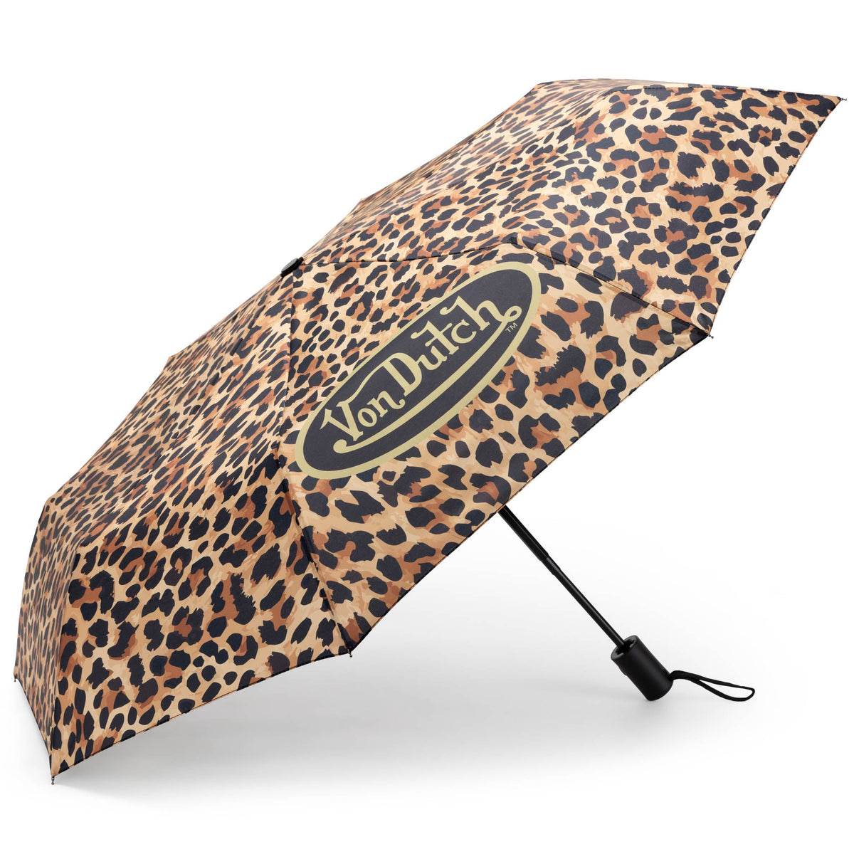 Compact automatic umbrella with leopard-print canopy and Von Dutch logo, black handle