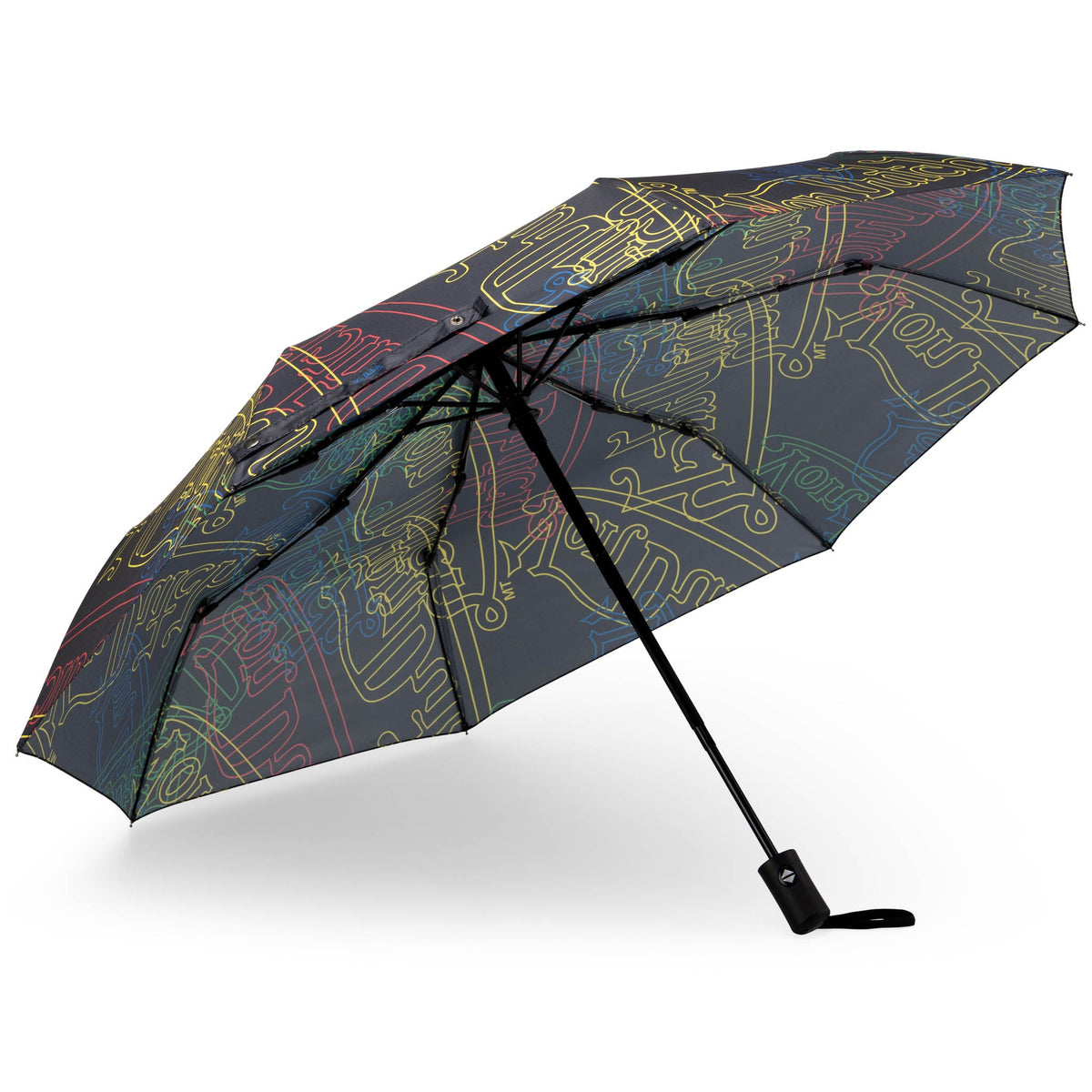 Open compact umbrella with colorful neon logo pattern canopy and black push button
