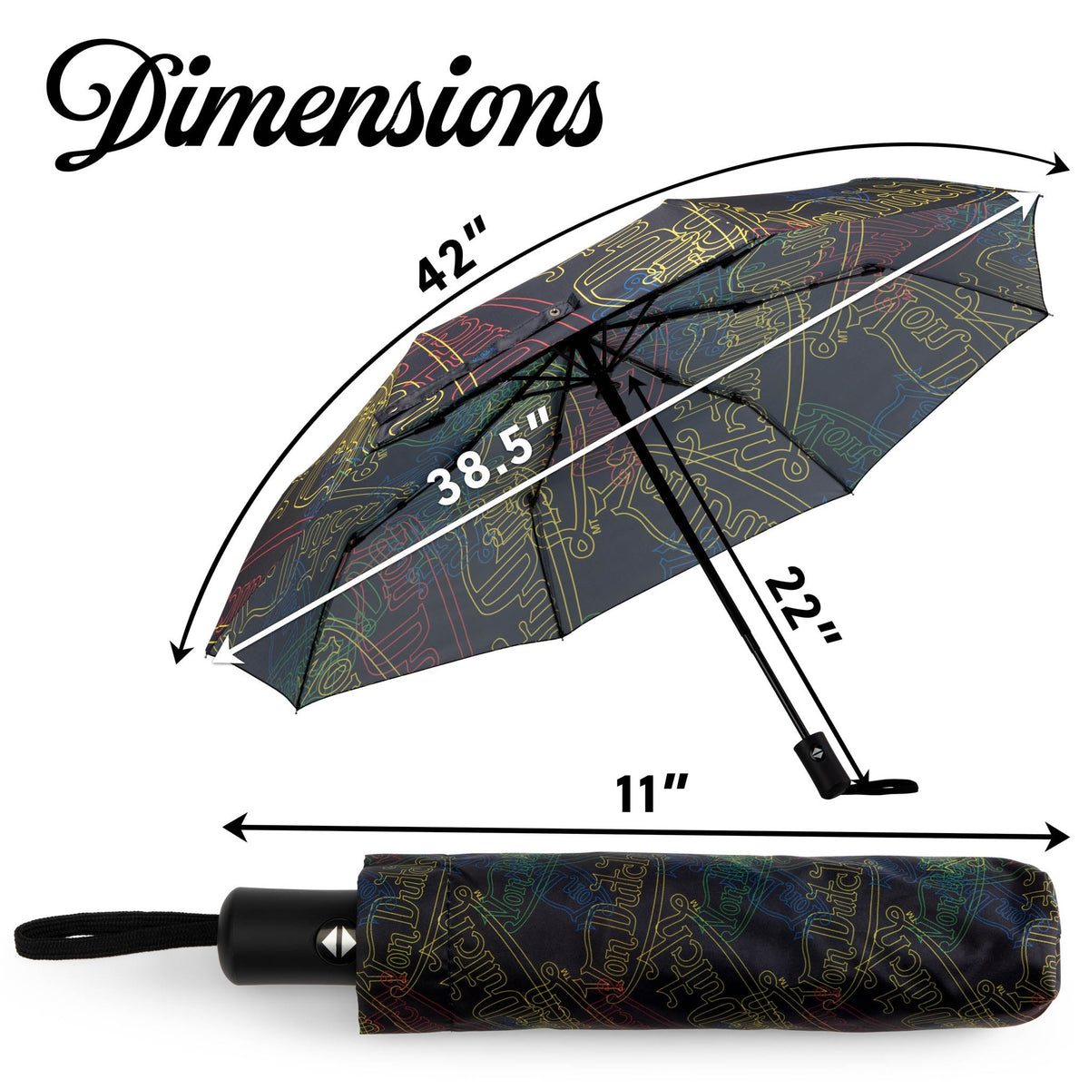Compact automatic umbrella dimensions shown: 42 in open, 11 in folded
