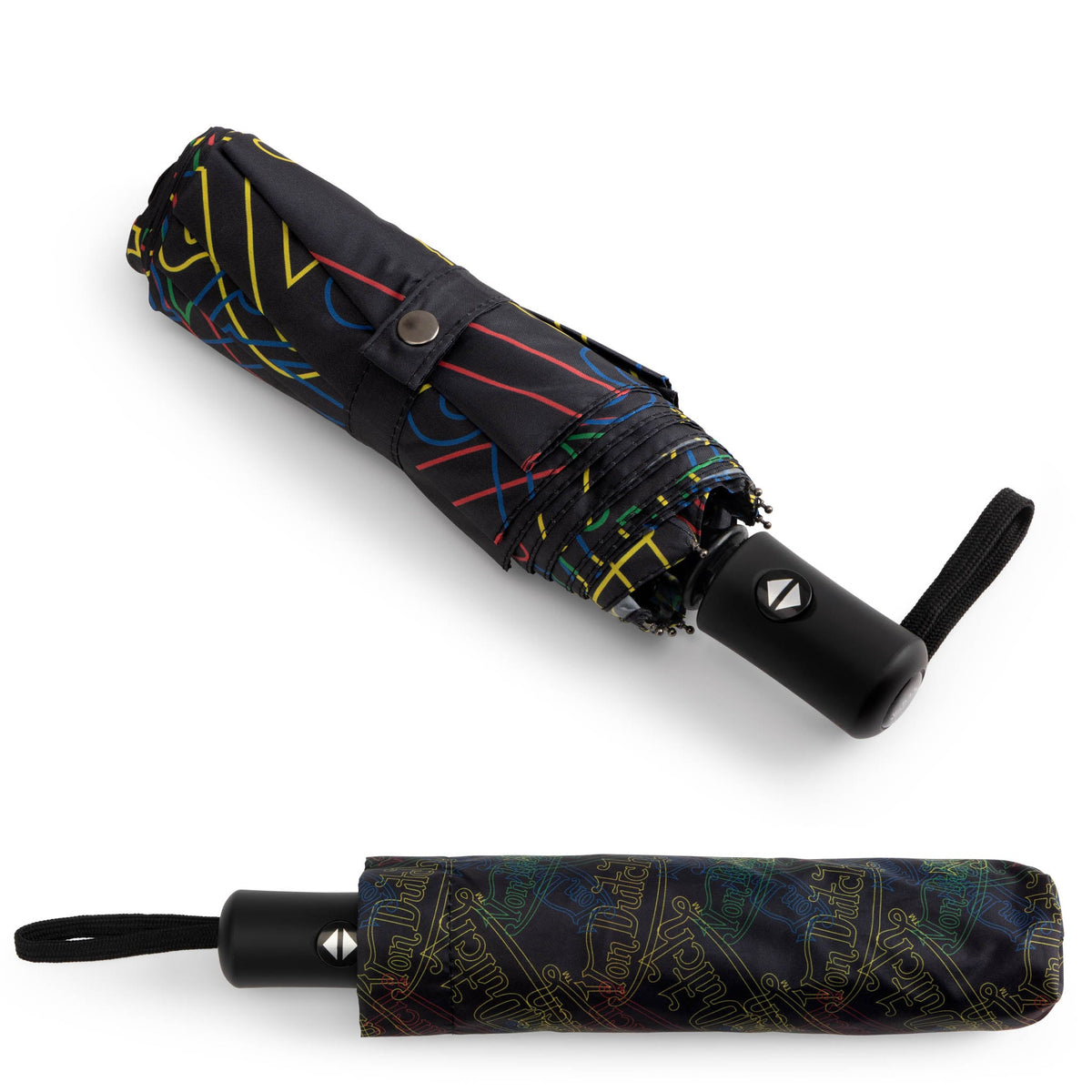 Folded compact umbrella with black carry sleeve, neon logo fabric and wrist strap