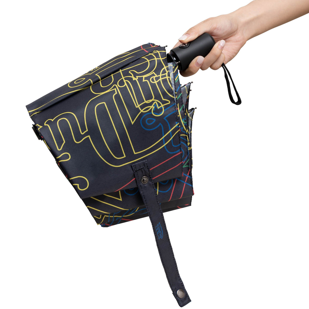 Compact automatic umbrella folded in black case with neon logo fabric, hand-held