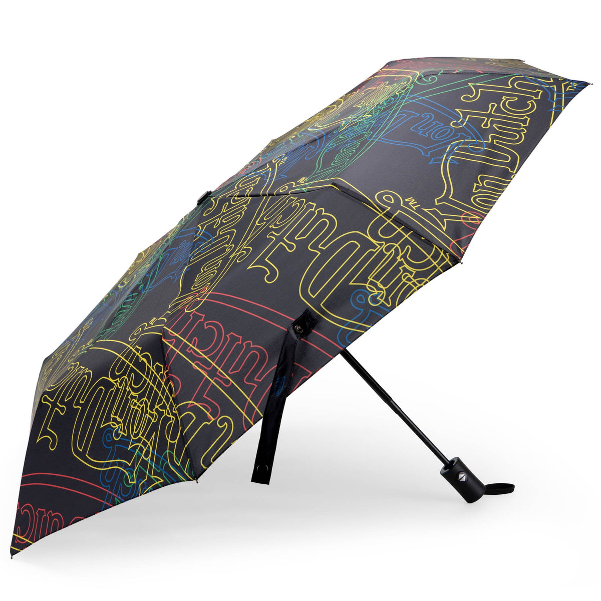 Compact automatic umbrella with dark neon logo graphic canopy, open with black frame