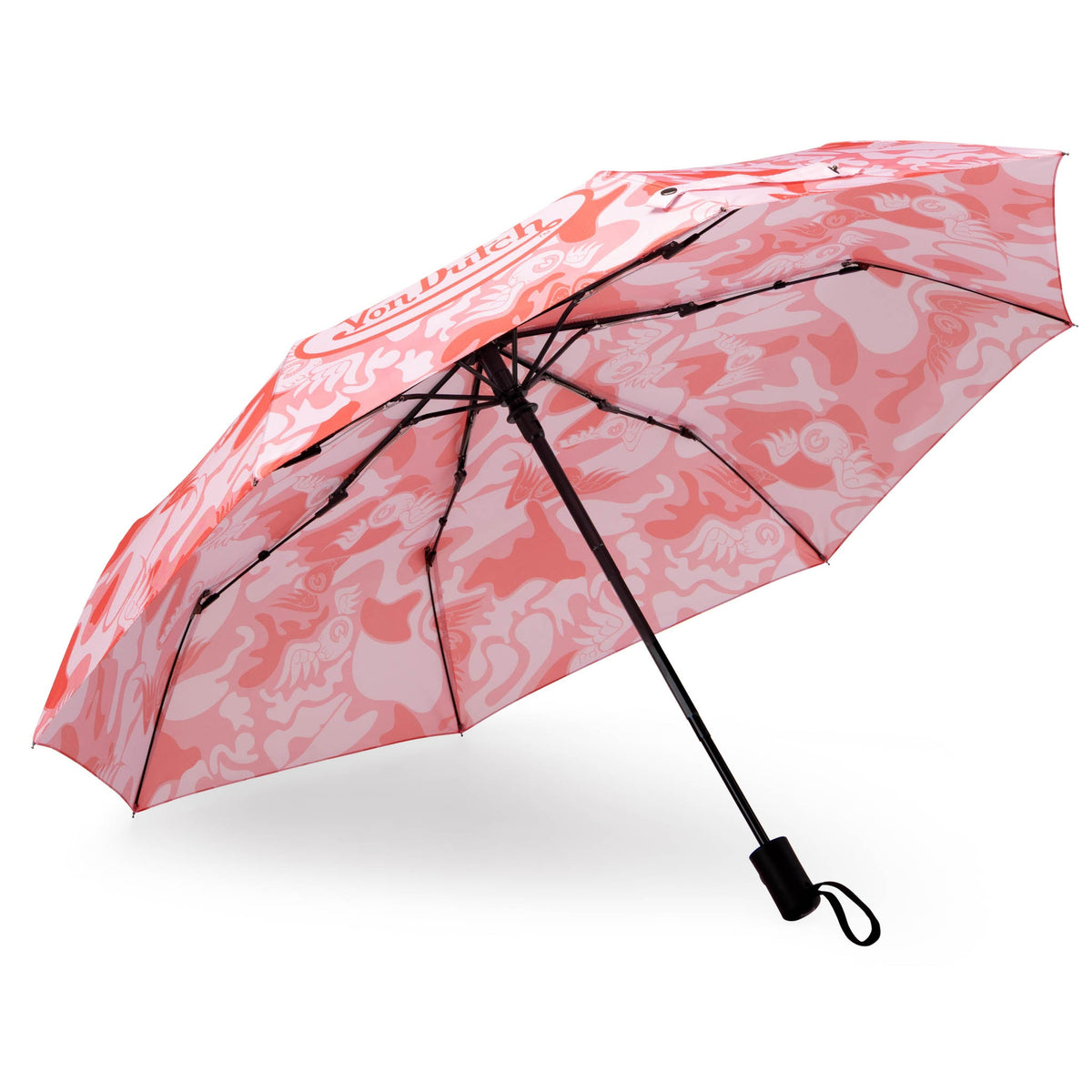 Pink camo compact umbrella open, showing black frame ribs and tip