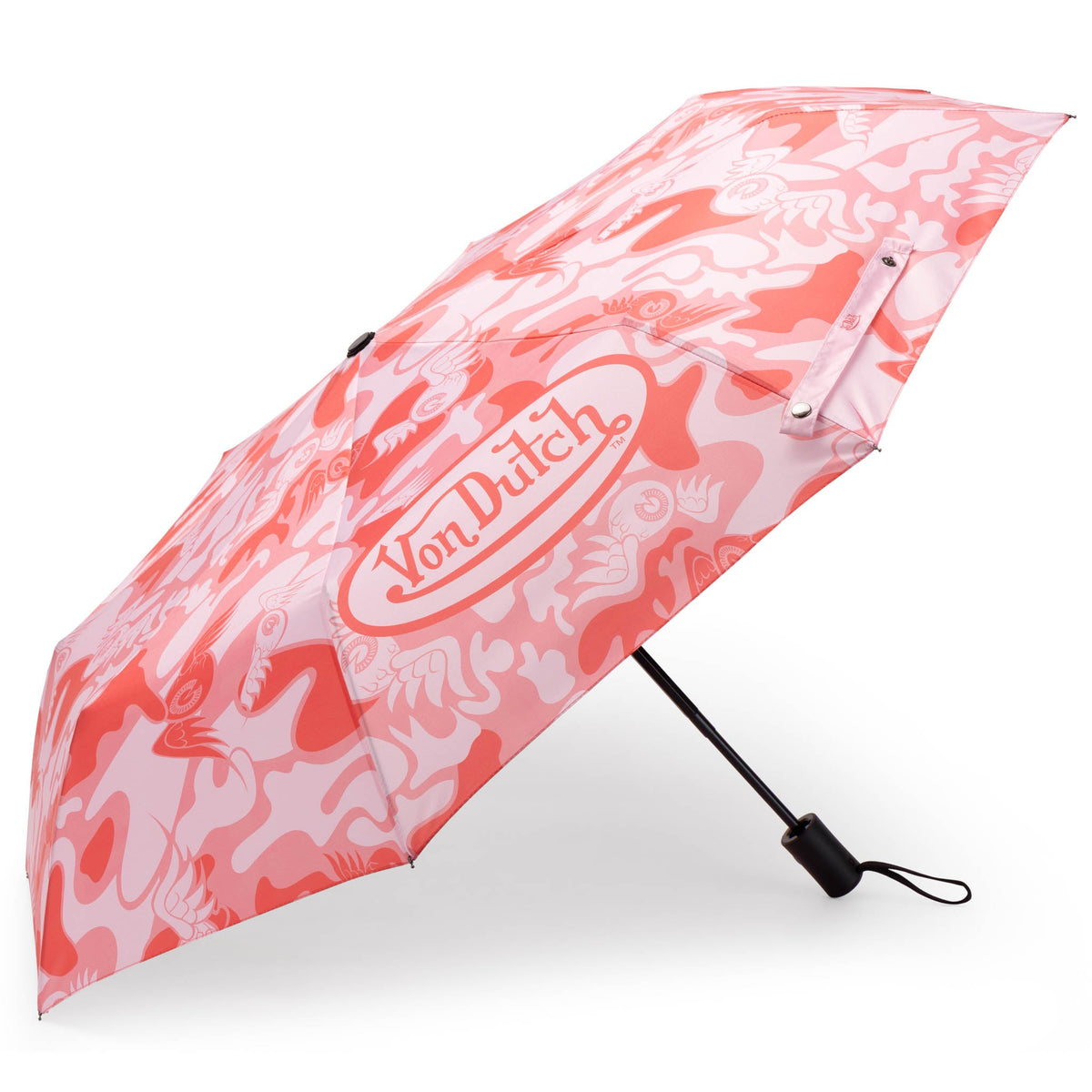 Pink camo compact automatic umbrella, open with logo and black handle