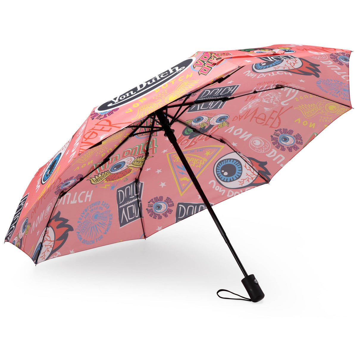 Compact automatic umbrella open, pink collage print canopy with black frame and tip