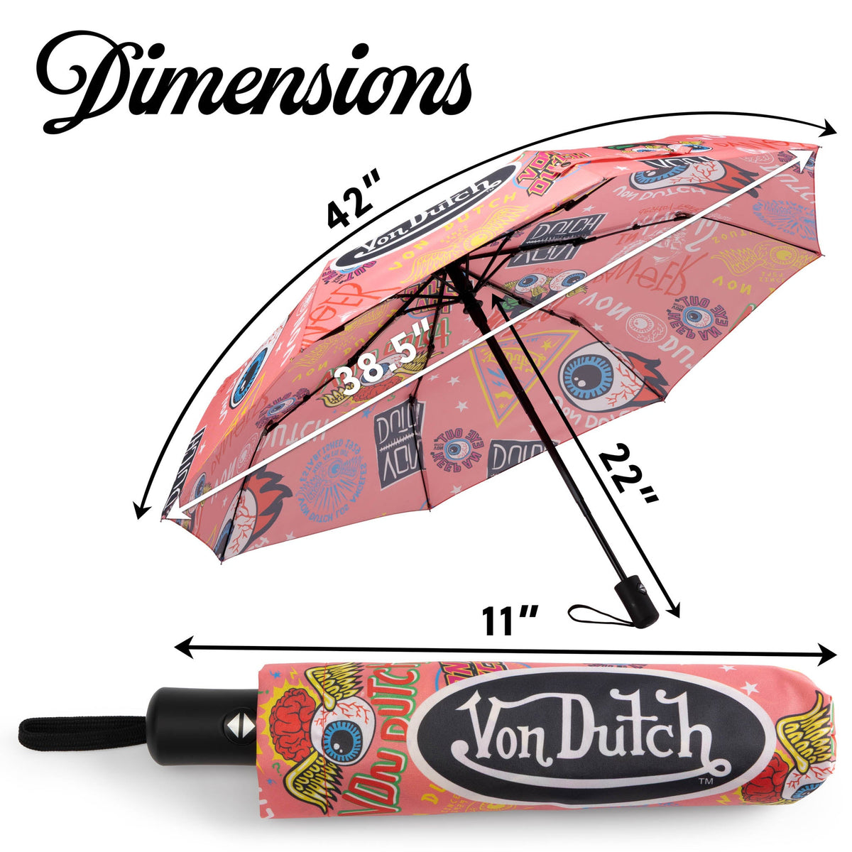 Compact automatic umbrella with pink collage print canopy and black handle, shown with size markers