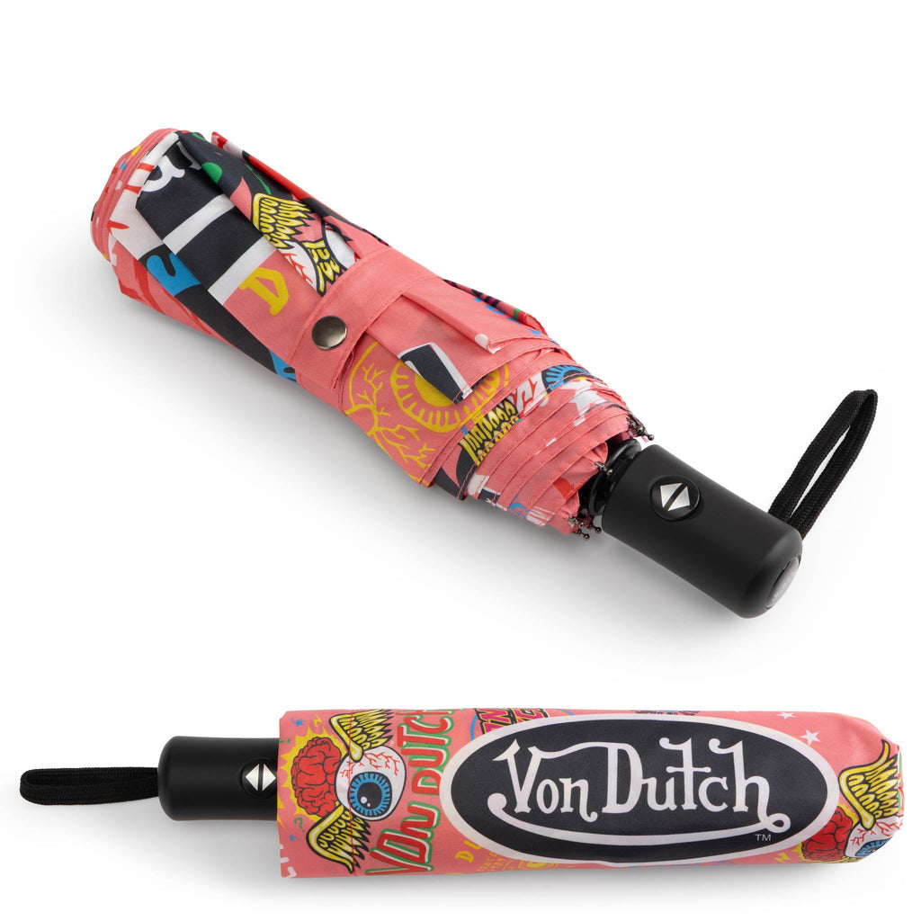 Compact automatic umbrella closed in pink collage print case with black end handle