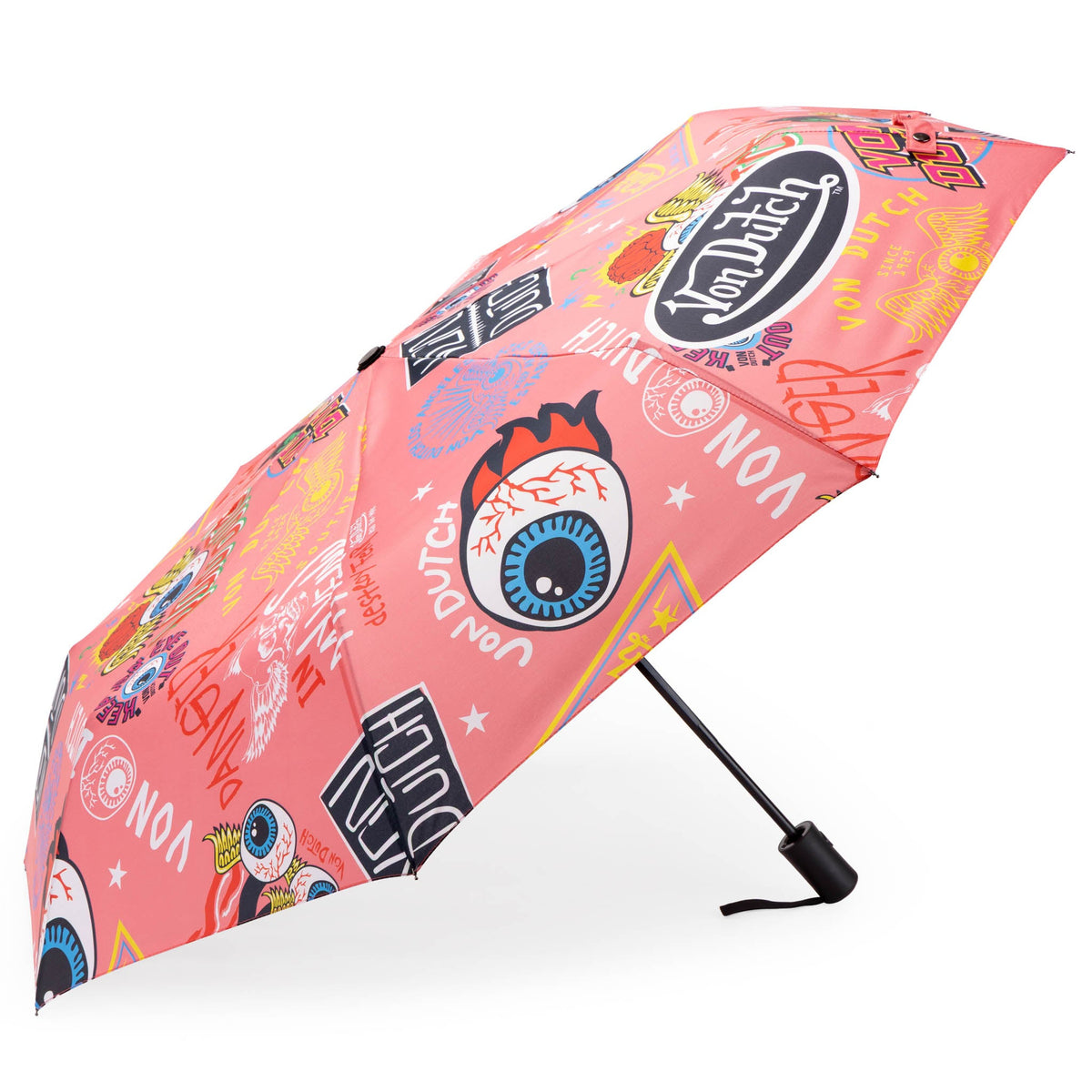 Compact automatic umbrella in pink with colorful collage print, open canopy and black handle