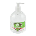 75% alcohol hand sanitizer bottle with pump, clear bottle and green label