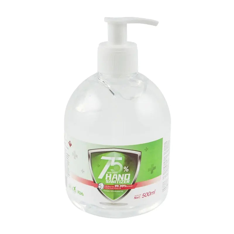 75% alcohol hand sanitizer bottle with pump, clear bottle and green label