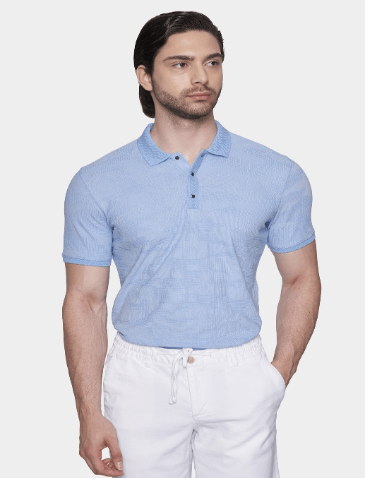 Men's sky blue knit polo shirt with short sleeves and button placket