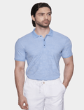 Men's sky blue knit polo shirt with short sleeves and button placket
