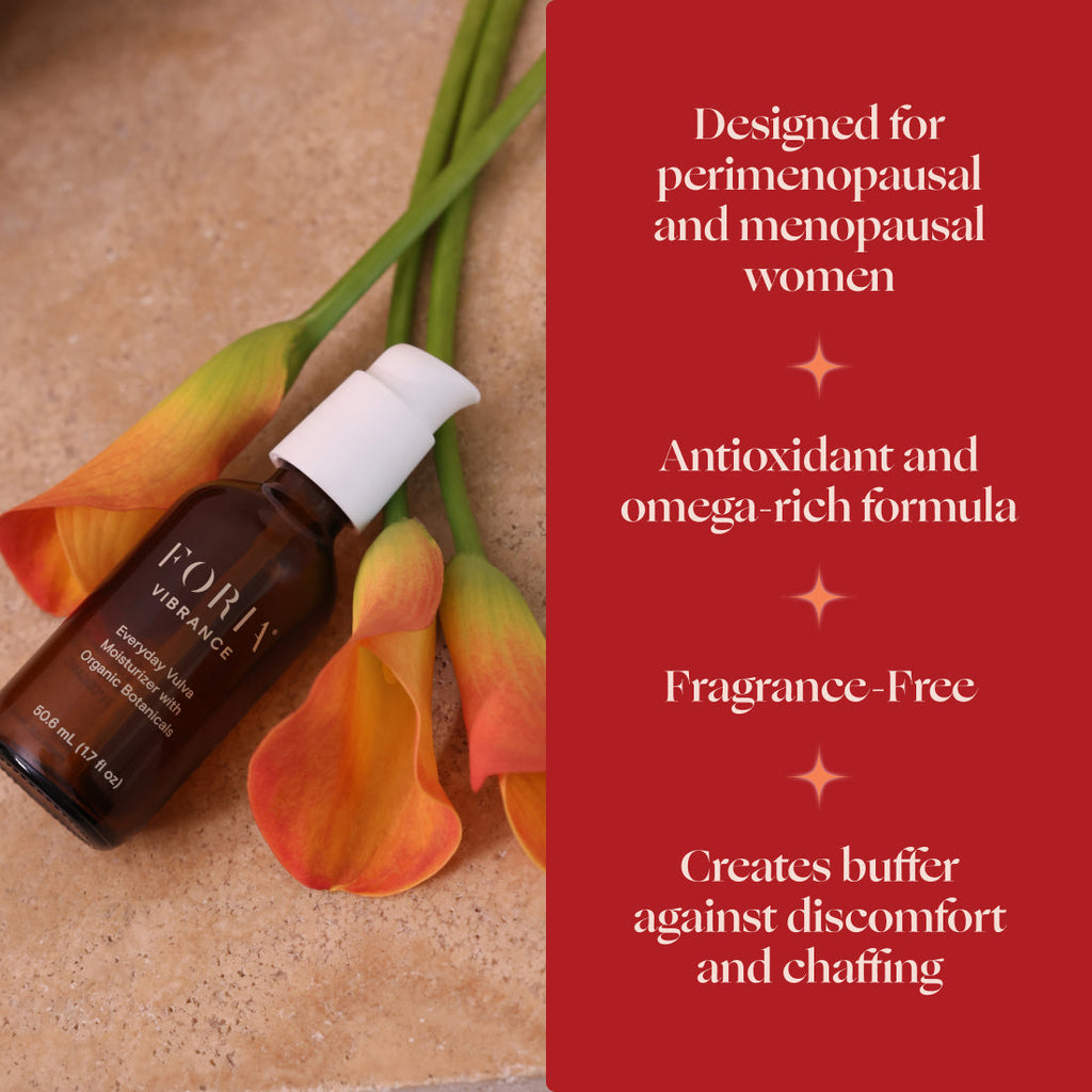 FORIA vulva moisturizer bottle beside colorful tulip flowers with white pump
