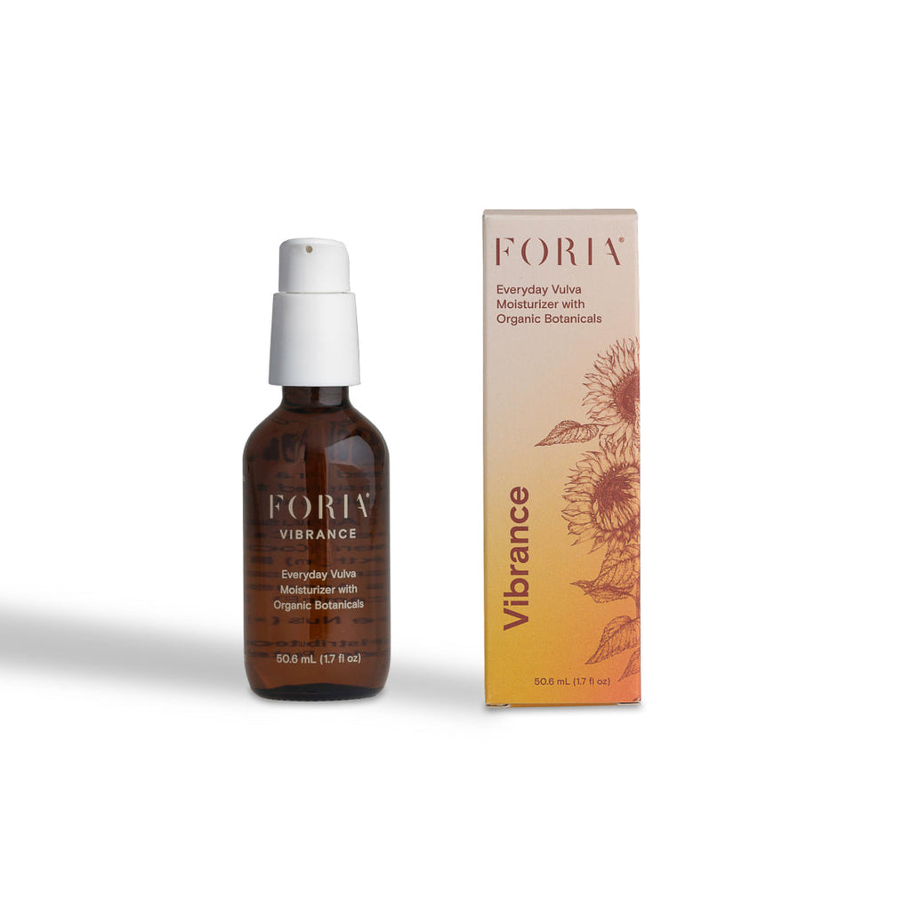 FORIA vulva moisturizer bottle and box with white pump, 50.6 ml (1.7 fl oz)