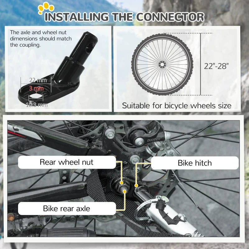 Dog bike trailer connector installation diagram with axle, rear wheel nut, and bike hitch
