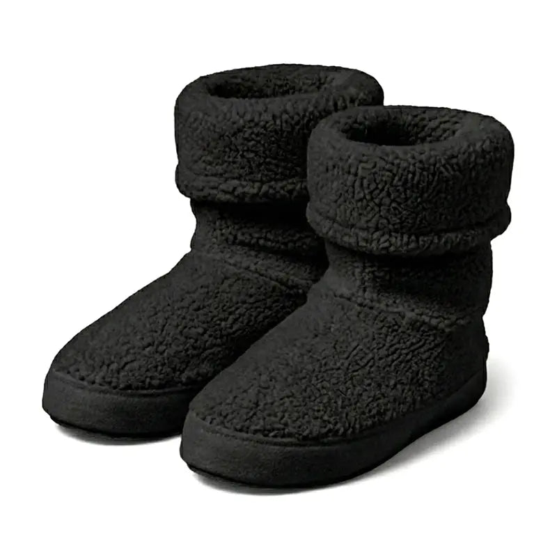 Women's black fuzzy ankle booties with thick cuff and rubber sole