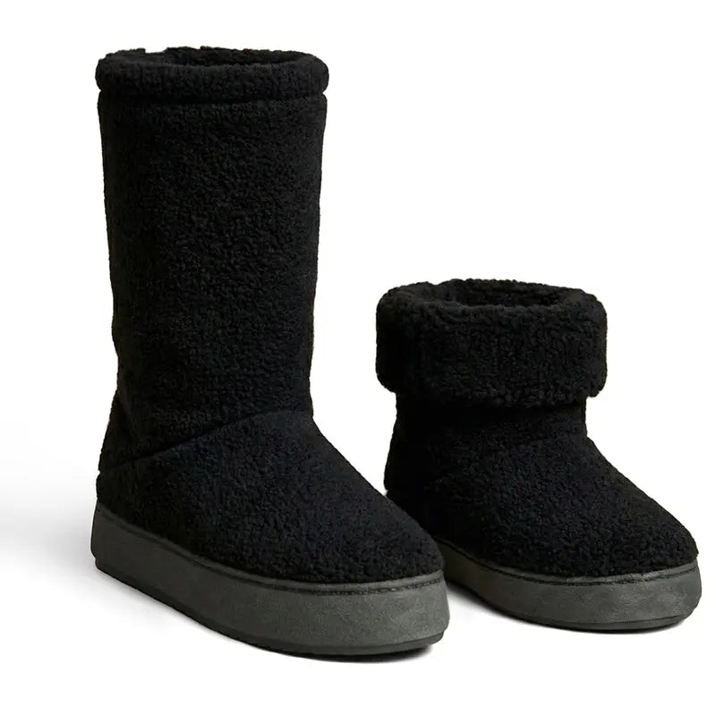 Black berber fleece ankle booties, slip-on style with cushioned collar and sole