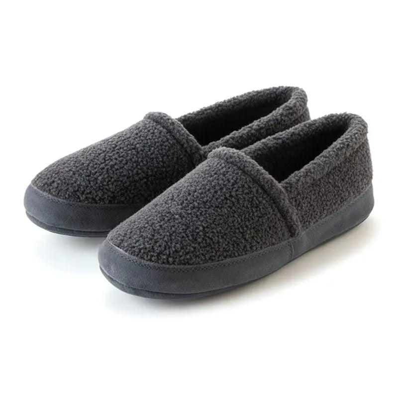 Women's grey berber moccasin slippers with slip-on design and cushioned sole
