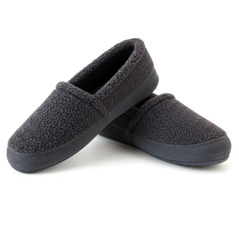 Women's grey berber slip-on moccasin slippers with rounded toe and dark sole