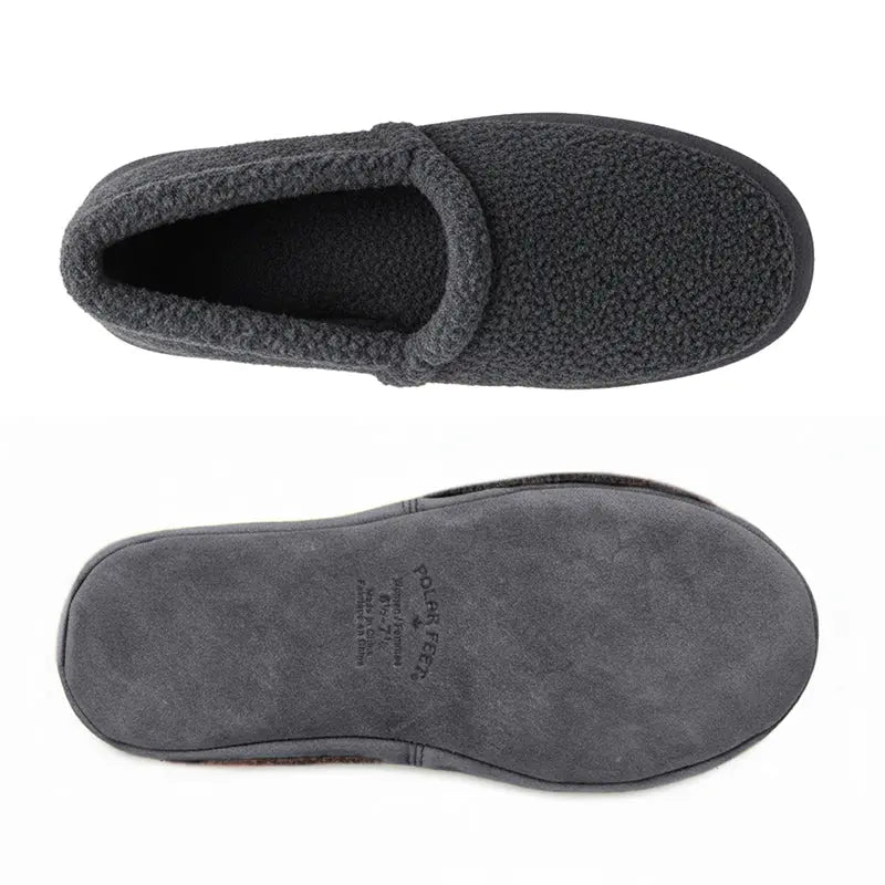 Men's grey berber moccasin slippers showing interior and outsole with logo